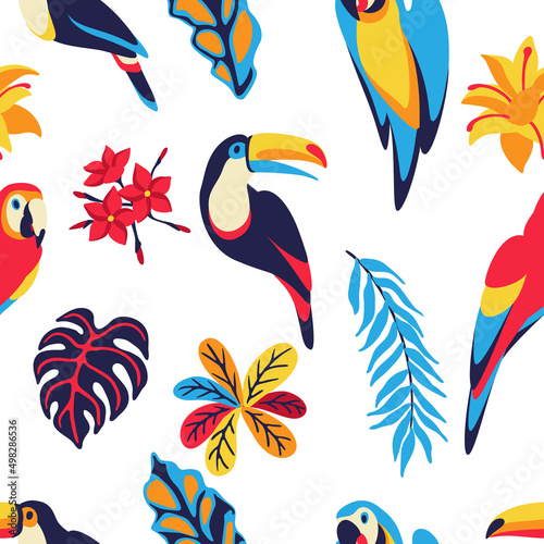 Seamless pattern with macaw parrot, toucan and tropical plants. Exotic decorative birds, flowers anf leaves.