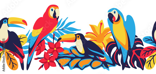 Seamless pattern with macaw parrot, toucan and tropical plants. Exotic decorative birds, flowers anf leaves.