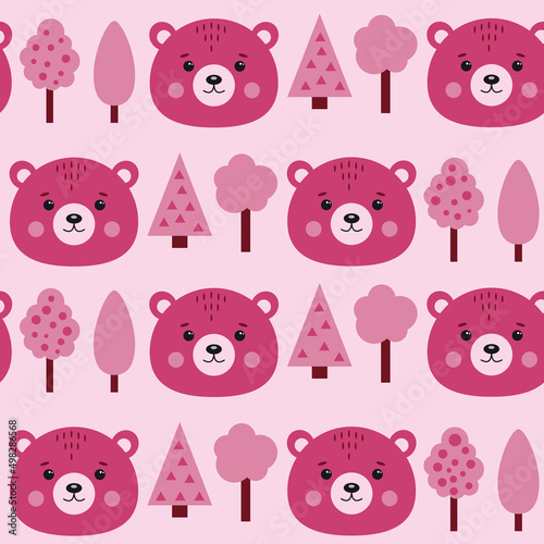 Seamless pattern with bears and trees in pink color.