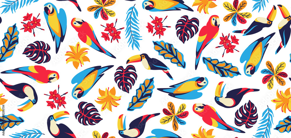 Obraz premium Seamless pattern with macaw parrot, toucan and tropical plants. Exotic decorative birds, flowers anf leaves.