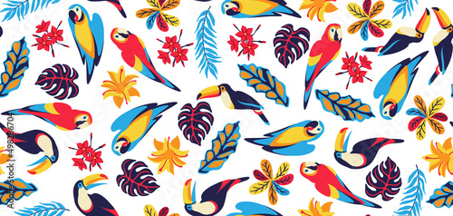 Seamless pattern with macaw parrot, toucan and tropical plants. Exotic decorative birds, flowers anf leaves.