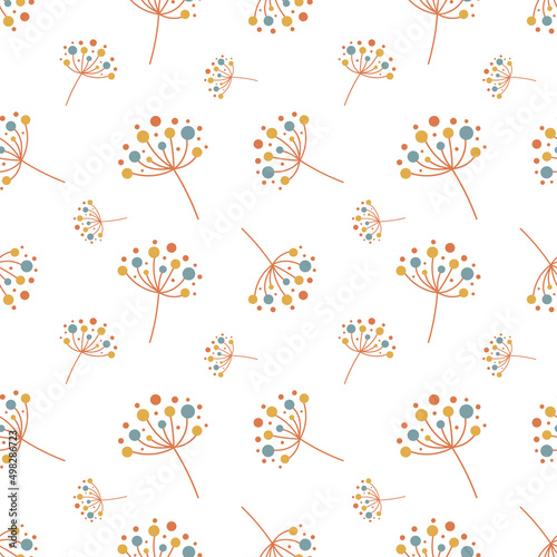 Modern dandelion flowers seamless pattern. Blue, yellow and terracotta boho floral vector illustration.