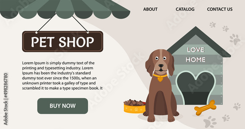 Pet shop sale banner or hedder for website with domestic animals and care accessories. Zoo store discount 