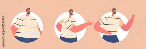 Set of Avatars Stages of Slimming, Weight Loss. Fat Male Character Walk and Run, Transformation Stages of Obese Man