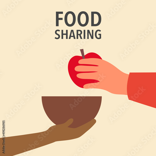 Food sharing to poverty in flat design. Food donation concept. Kindness and generosity to poor people.