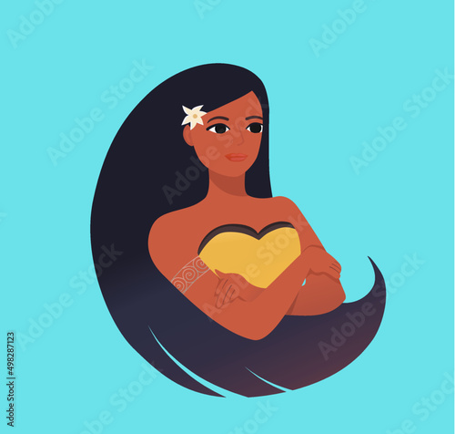 Pocahontas, girl with long hair, vector illustration