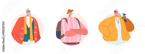 Trendy Old People Round Icons or Avatars. Elderly Male and Female Characters Wear Fashionable Clothes Isolated on White