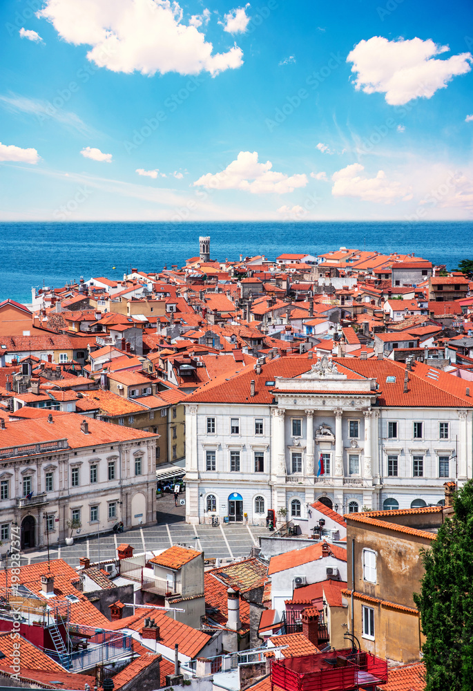 Beautiful landscape with tiled roofs and the old part of the city Piran, Slovenia. Amazing places.