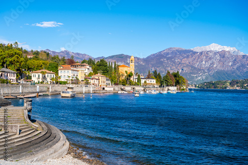 Tela The town of Tremezzina, on Lake Como, photographed on a spring day