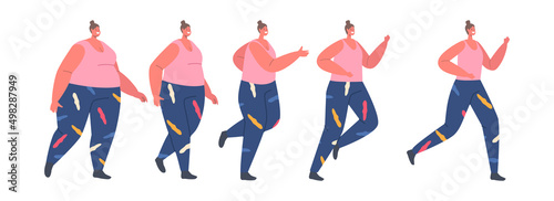 Weight Loss Concept. Fat Female Character Walking, Running and Become Slim. Transformation Stage by Stage of Obese