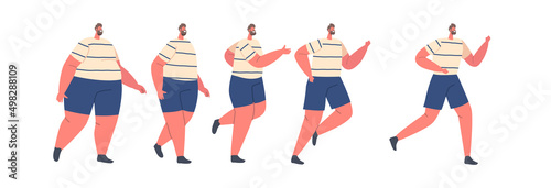 Stages of Slimming, Weight Loss Concept. Fat Male Character Walk and Run, Transformation Timeline by Stages of Obese Man