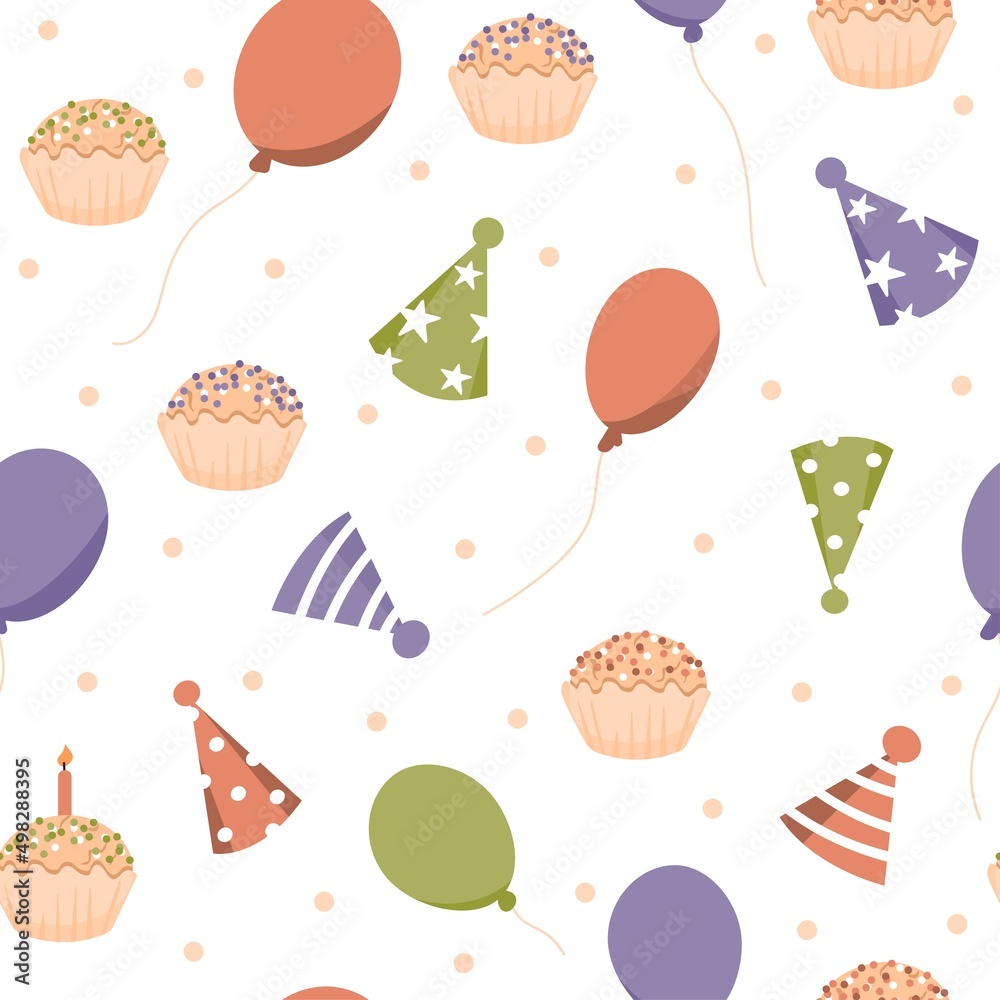 PrintCelebration hats, balloons and cupcakes seamless vector pattern. Template for printing wrapping paper, background for birthday invitations and greeting cards. PrintCelebration hats, balloons and cupcakes seamless vector pattern. Template for printing wrapping paper, background for birthday invitations and greeting cards.