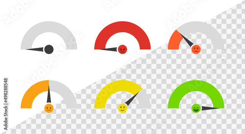 Feedback emoji slider with Satisfaction meter scale or emoticon level scale with speedometer frame for rating emojis happy smile neutral sad angry emotions. five facial expression emojis	