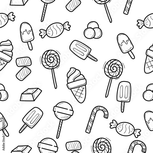 Candy and ice cream seamless doodle pattern with a black and white color suitable for the background