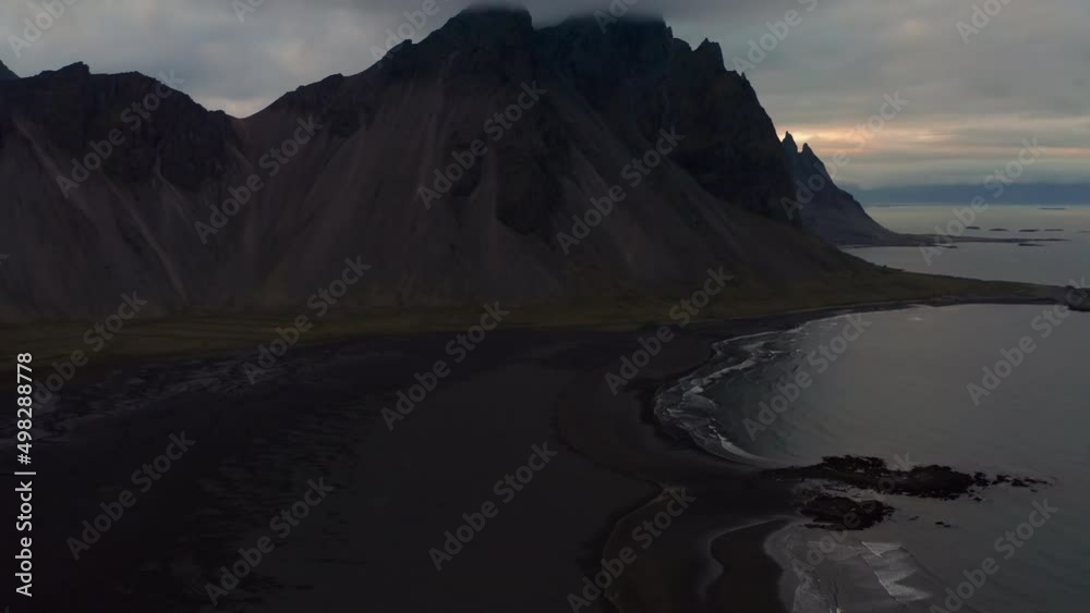Drone Above Black Sand Beach With Vestrahorn Mountain Drone Above Black Sand Beach With Vestrahorn Mountain