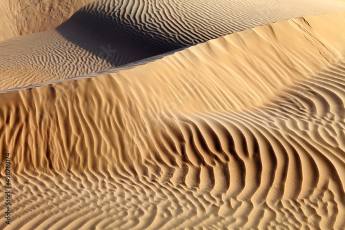 Fototapeta Naklejka Na Ścianę i Meble -  Natural texture of the sand dune in the desert in Abu Dhabi. Closeup abstract pattern.