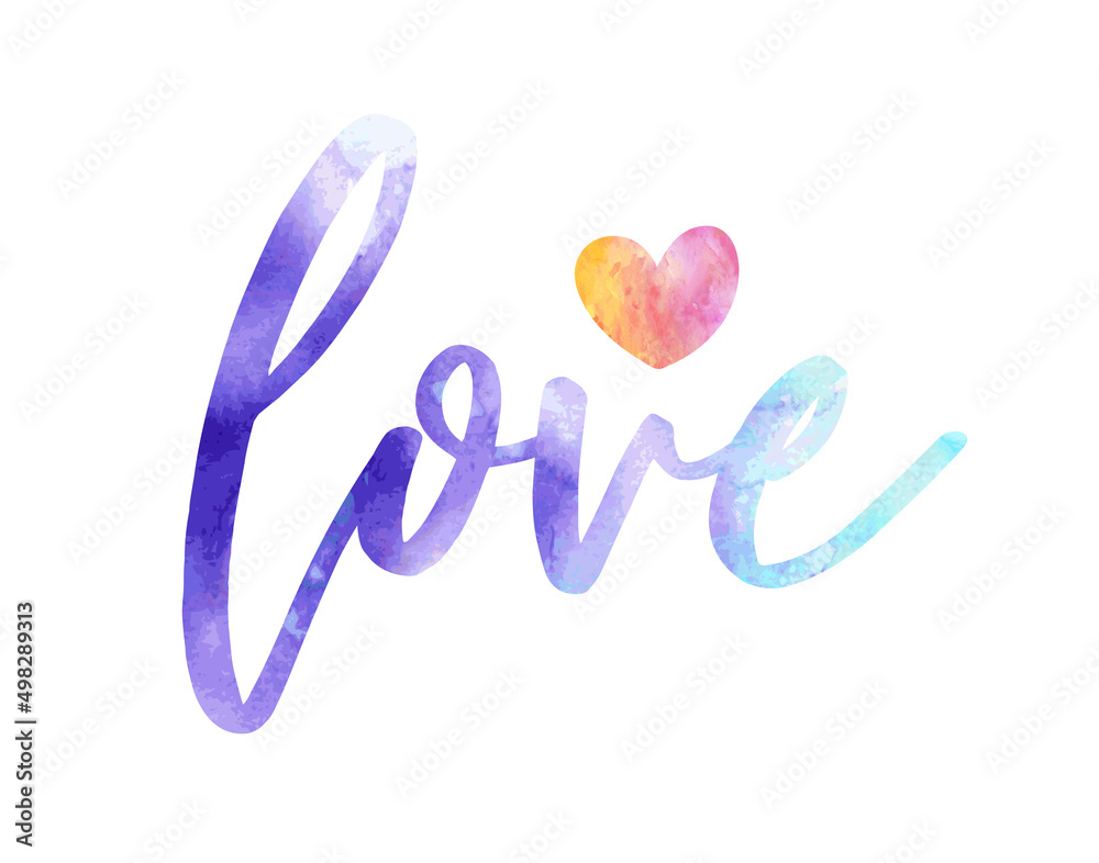 Vector watercolor word Love with Heart in blue and orange colors