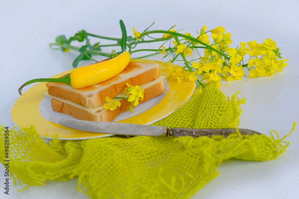 close-up of appetizing yellow rapeseed flowers, ruddy toasted toast, pepper on top, vegetable oil cooking concept, quick snack, cooking fast food at home close-up of appetizing yellow rapeseed flowers, ruddy toasted toast, pepper on top, vegetable oil cooking concept, quick snack, cooking fast food at home
