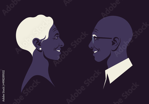 The elderly lovers in the profile. The happy African couple. Love and dating. Family relationship. Vector flat illustration
