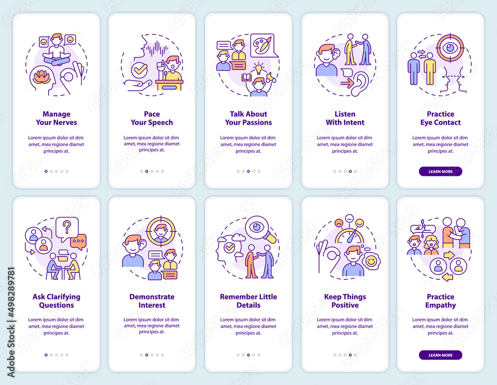 Developing charisma onboarding mobile app screen set. Practical steps walkthrough 5 steps graphic instructions pages with linear concepts. UI, UX, GUI template. Myriad Pro-Bold, Regular fonts used