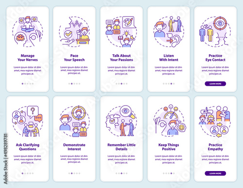 Developing charisma onboarding mobile app screen set. Practical steps walkthrough 5 steps graphic instructions pages with linear concepts. UI, UX, GUI template. Myriad Pro-Bold, Regular fonts used