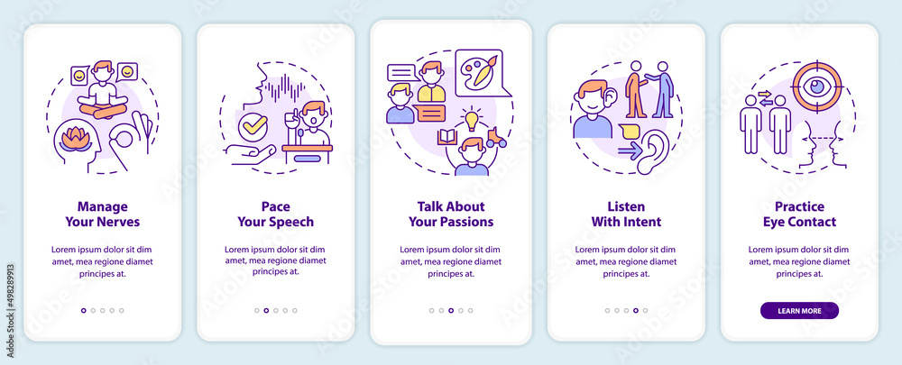 Steps to charisma onboarding mobile app screen. Become charismatic person walkthrough 5 steps graphic instructions pages with linear concepts. UI, UX, GUI template. Myriad Pro-Bold, Regular fonts used
