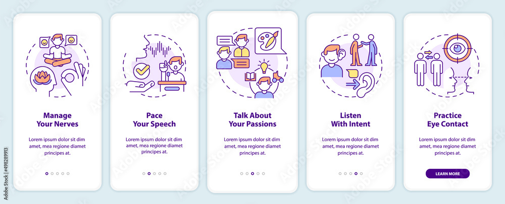 Steps to charisma onboarding mobile app screen. Become charismatic person walkthrough 5 steps graphic instructions pages with linear concepts. UI, UX, GUI template. Myriad Pro-Bold, Regular fonts used Steps to charisma onboarding mobile app screen. Become charismatic person walkthrough 5 steps graphic instructions pages with linear concepts. UI, UX, GUI template. Myriad Pro-Bold, Regular fonts used