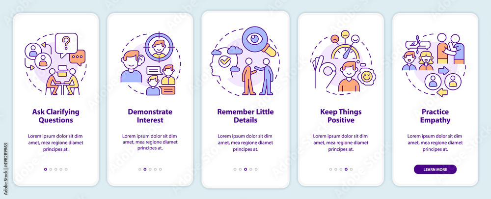 Practical steps to build charisma onboarding mobile app screen. Walkthrough 5 steps graphic instructions pages with linear concepts. UI, UX, GUI template. Myriad Pro-Bold, Regular fonts used