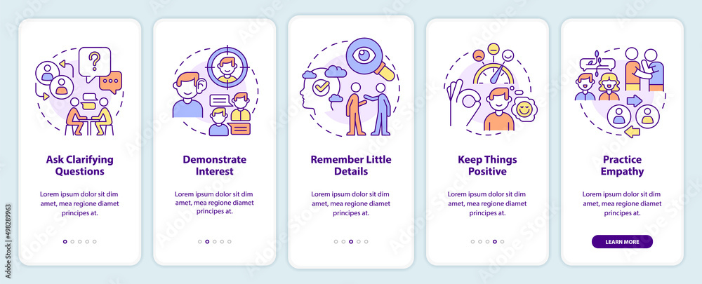 Practical steps to build charisma onboarding mobile app screen. Walkthrough 5 steps graphic instructions pages with linear concepts. UI, UX, GUI template. Myriad Pro-Bold, Regular fonts used Practical steps to build charisma onboarding mobile app screen. Walkthrough 5 steps graphic instructions pages with linear concepts. UI, UX, GUI template. Myriad Pro-Bold, Regular fonts used