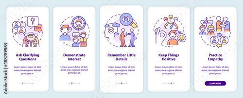 Practical steps to build charisma onboarding mobile app screen. Walkthrough 5 steps graphic instructions pages with linear concepts. UI, UX, GUI template. Myriad Pro-Bold, Regular fonts used