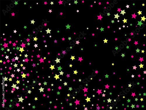 Multi-colored stars are scattered on a black background.