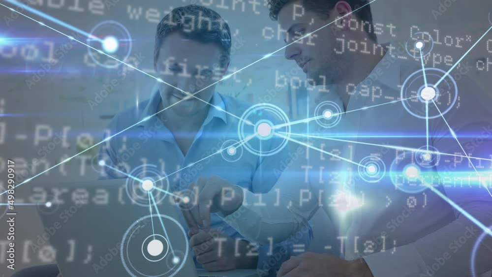 Animation of financial data processing over two businessmen in office Animation of financial data processing over two businessmen in office
