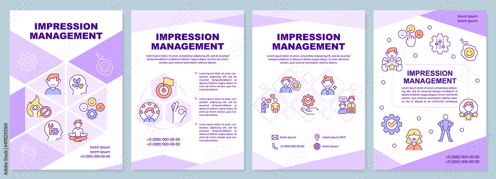 Impression management brochure template. Practical steps. Leaflet design with linear icons. 4 vector layouts for presentation, annual reports. Arial-Black, Myriad Pro-Regular fonts used