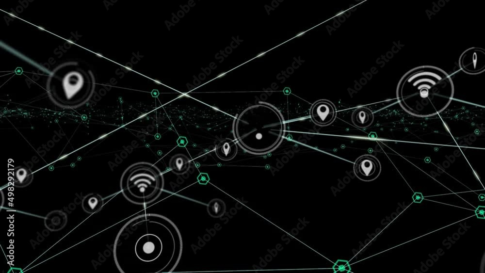 Animation of network of connections with icons on black background Animation of network of connections with icons on black background