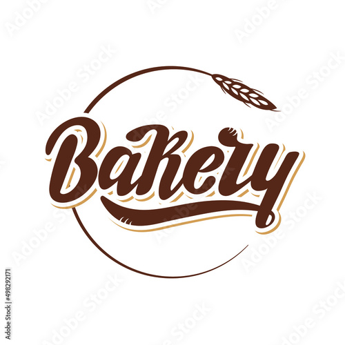 Bakery, hand lettering logotype. Brown letters on the white background with a shadow inside the grain ear. Digital lettering for package bakery shop advertising printing. Vector illustration.
