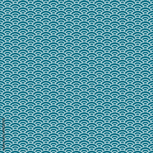 colorful simple vector pixel art seamless pattern of minimalistic new bridge and cyan scaly japanese water waves pattern