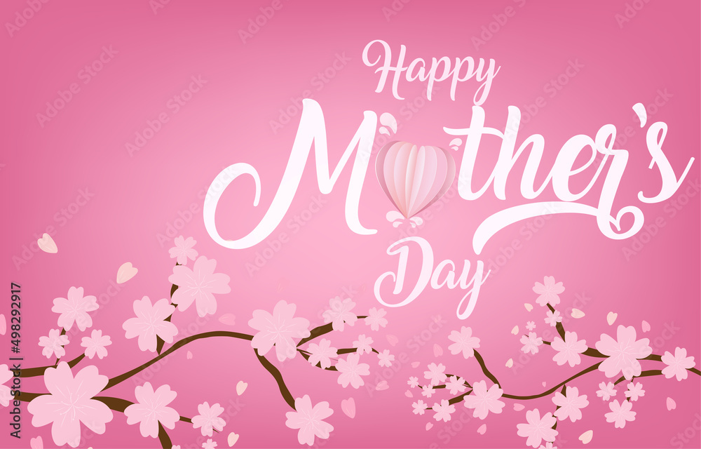 Mother's Day greeting card banner vector with 3d flying hearts pink papercut and cherry blossom or sakura.symbol of love and handwritten letters on pink background.