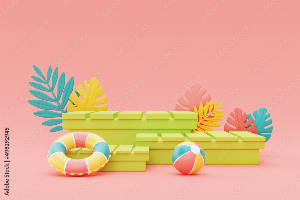 summer display with colorful inflatable ring,beach ball and palm leaves,3d rendering.