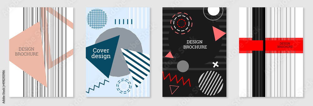 Set of cover design in Memphis style. Geometric design, abstract background. Fashionable bright cover, banner, poster, booklet. Creative colors.