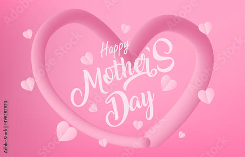 Mother's Day greeting card banner vector with 3d flying hearts pink papercut.symbol of love and handwritten letters on pink background.