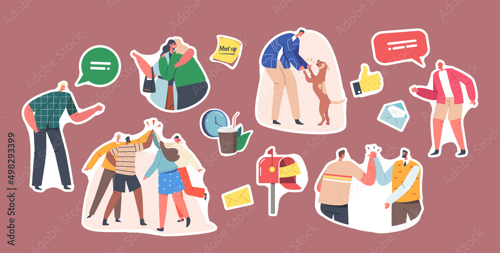 Set of Stickers Characters Greeting Each Other, Saying Hello in Different Manners. Various Hi Gestures Such as Beating Hands Set of Stickers Characters Greeting Each Other, Saying Hello in Different Manners. Various Hi Gestures Such as Beating Hands