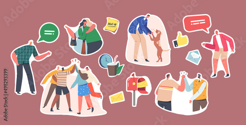 Set of Stickers Characters Greeting Each Other, Saying Hello in Different Manners. Various Hi Gestures Such as Beating Hands