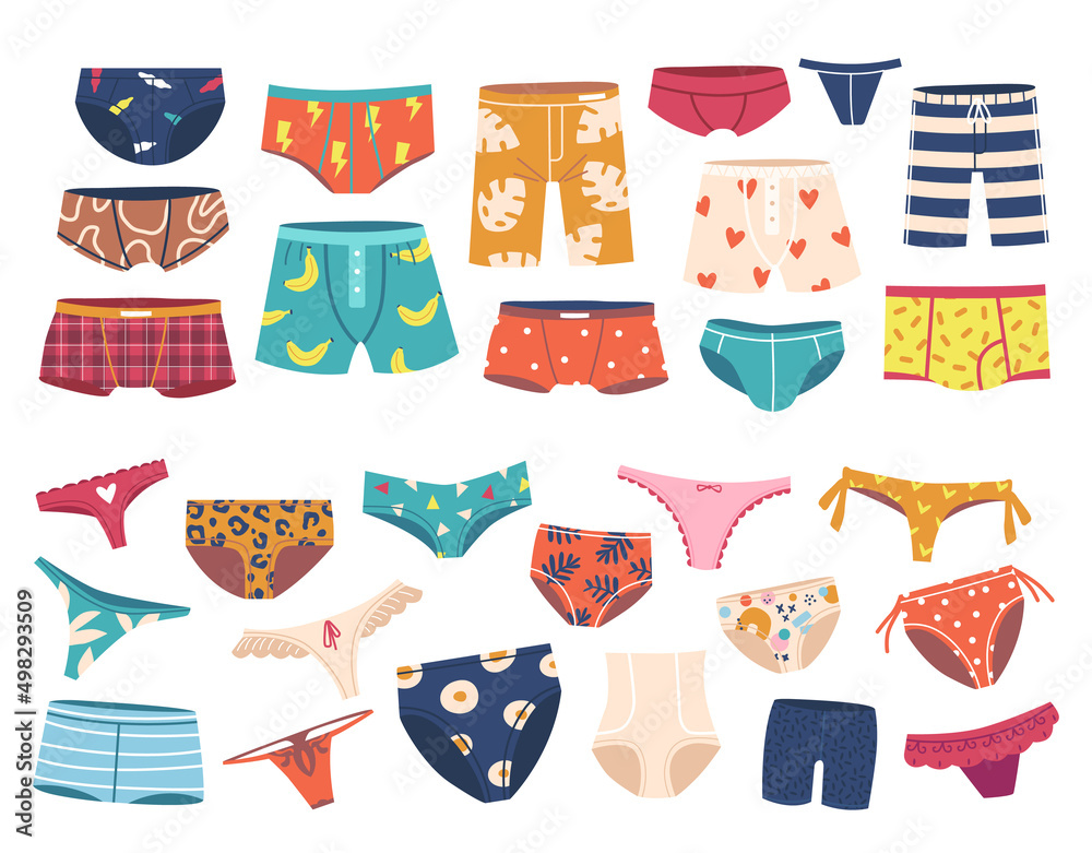 Vetor de Set of Underpants for Men and Women, Slimming or Swimming  Underwear Design. Trunks, Briefs and Panties do Stock