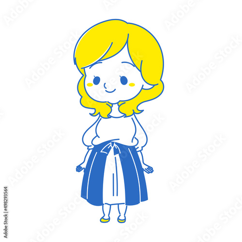 おだやかな微笑みを浮かべるプラスサイズ女子のイラスト　青系