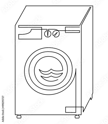 Horizontal loading washing machine illustration. Vector continuous line drawing, isolated on white background.