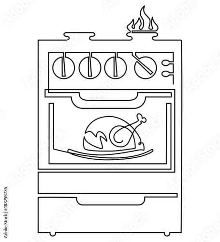 Household gas stove with fried chicken in the oven. Humorous illustration. Vector continuous line drawing, isolated on white background.