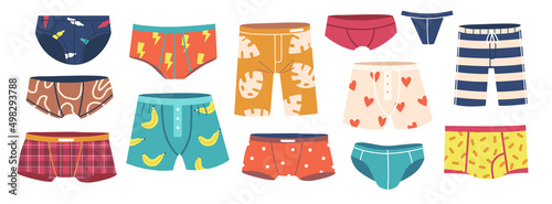 Fototapeta Naklejka Na Ścianę i Meble -  Set of Mens Underpants, Underwear Clothing Design. Swimming Trunks, Briefs and Panties. Male Everyday Clothes