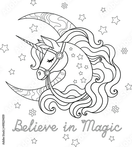 Believe in magic text. Unicorn with moon and stars. Isolated outline for coloring