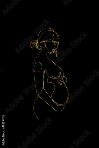  Pregnant mom gold line art, Pregnancy one line drawing, printable wall art, Nude woman body print, Belly female figure, Minimalist print, Gold outline vector illustration on black background