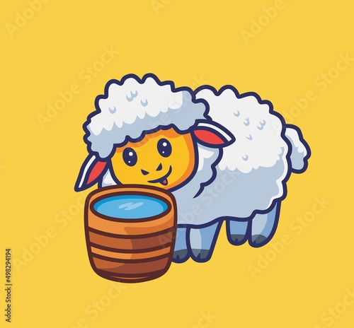cute sheep thirsty drink on wooden bucket. isolated cartoon animal nature illustration. Flat Style suitable for Sticker Icon Design Premium Logo vector. Mascot Character